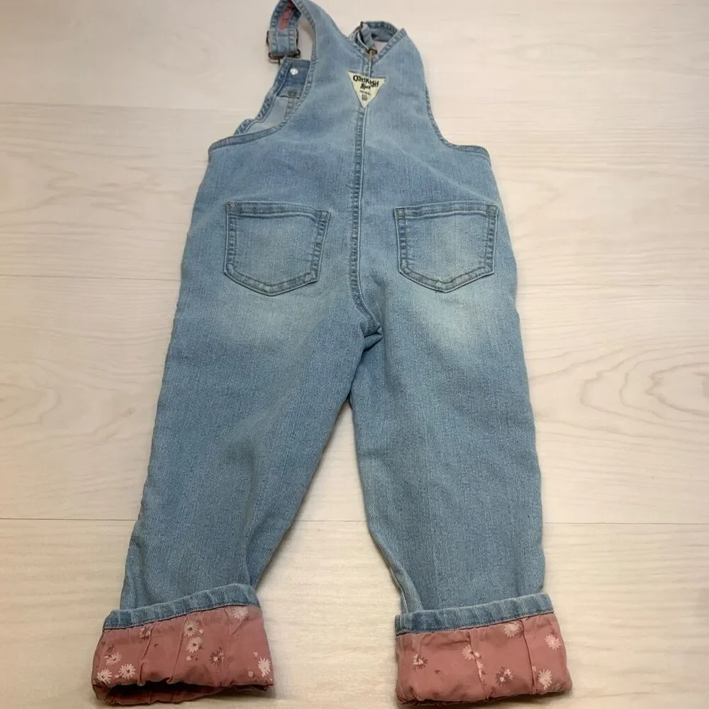 Oshkosh B'Gosh Vestbak Denim Overalls Girls 3T Floral Trim Cuffs